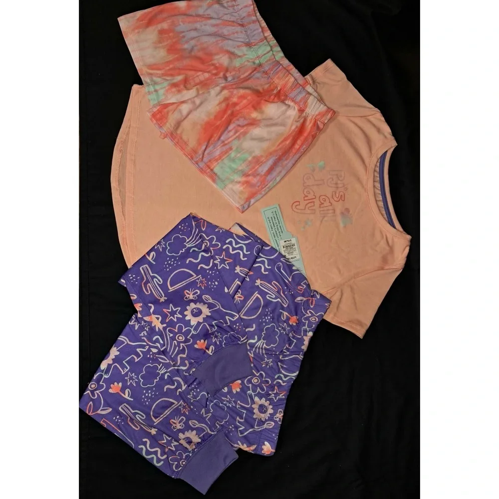 Cat & Jack, 3 pc, girls PJ's, Coral top, Purple pants & Tie dye shorts, L(10/12)